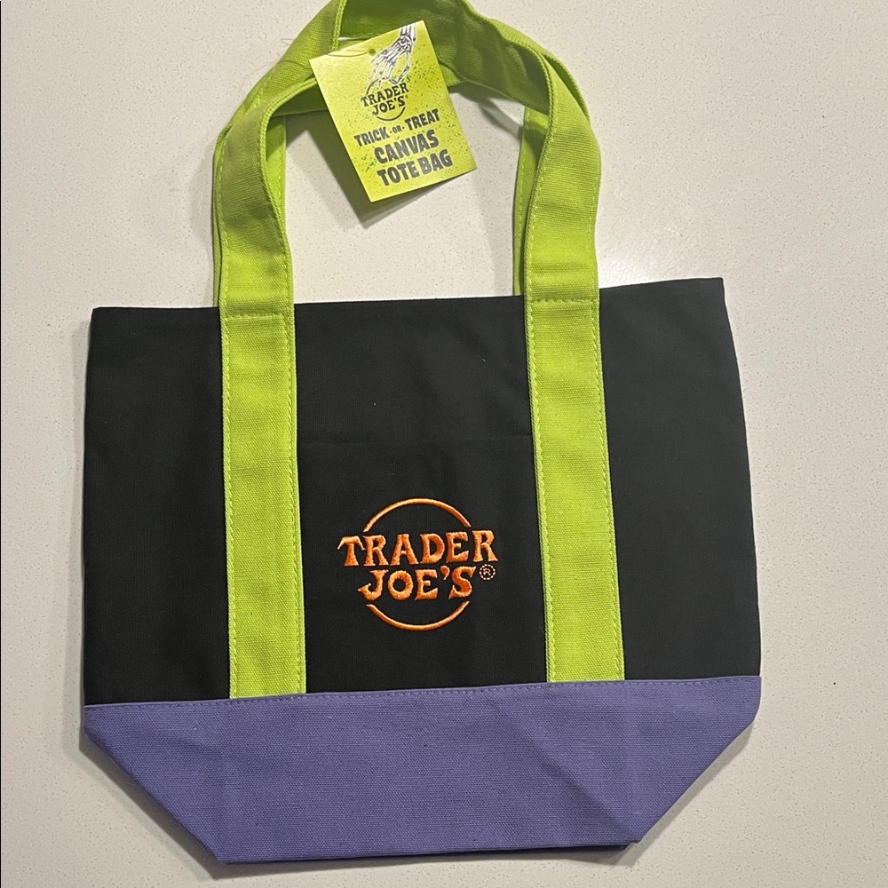 Trader Joe's Black and Purple Canvas Tote Bag